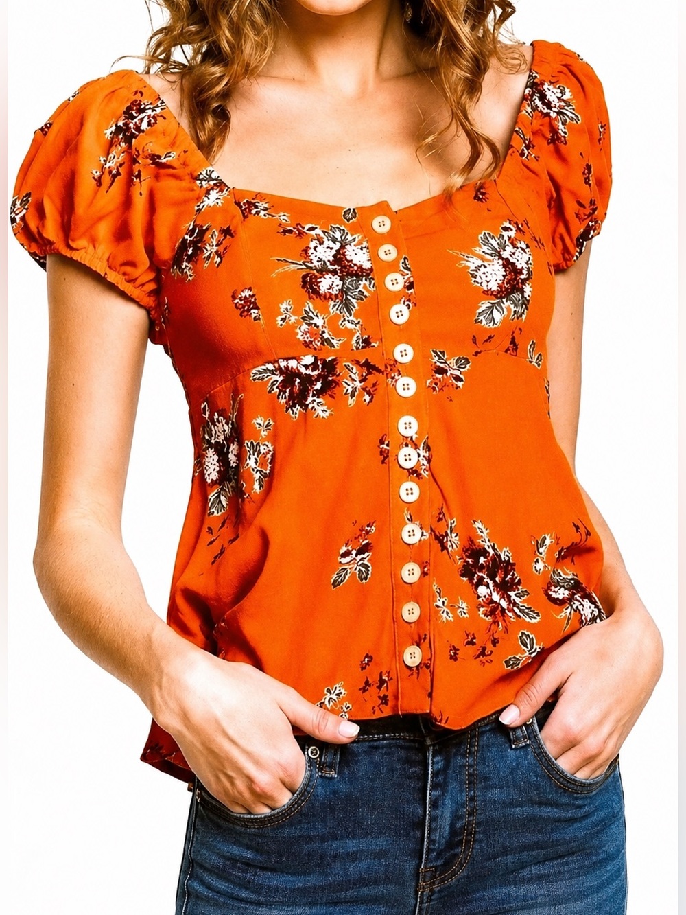 FREE PEOPLE Close To You Floral Puff Sleeve Top Orange XS Boho Cottagecore